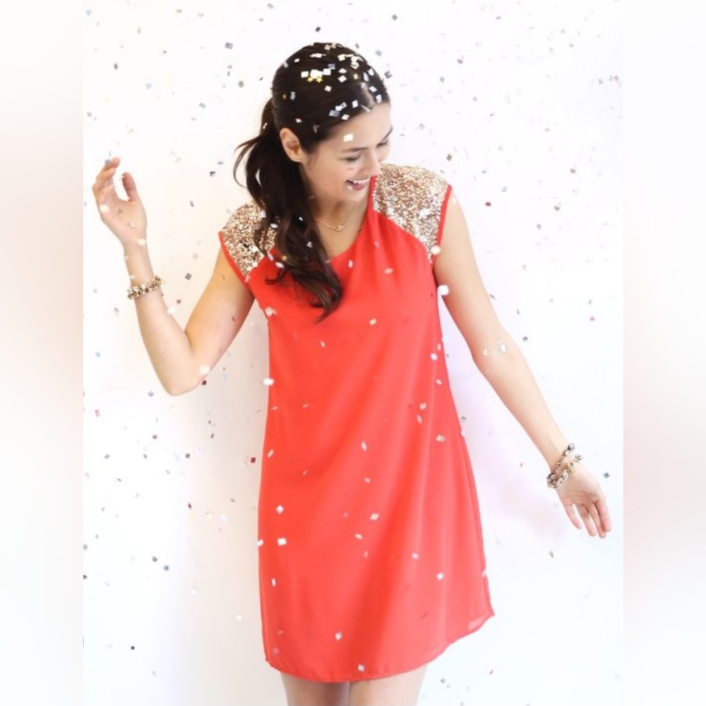 NWT - Pixley Zailey Sleeveles Orange-Red Dress With Gold Sequin Shoulders